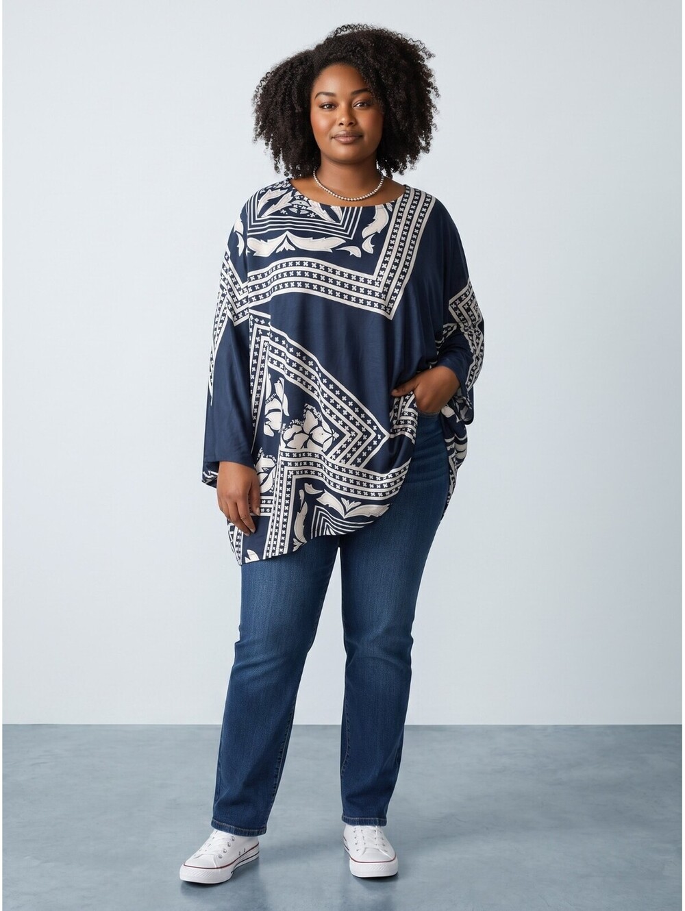 Beulah NWT Caftan Kimono Cape-One Size-Navy/White/Champagne